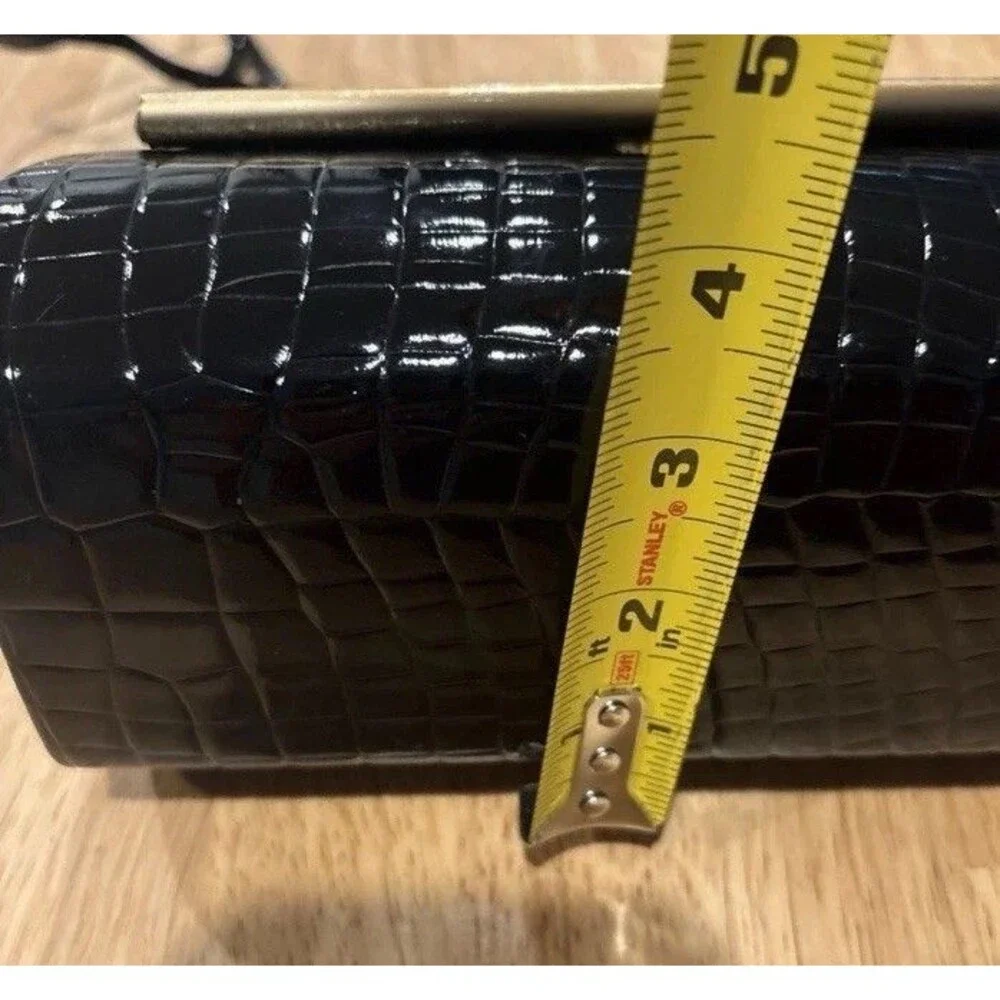 Vintage Andé Black CrocEmbossed Crossbody Bag Gold Bar Accent 80s Minimalist EUC